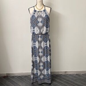 London Times Blue and White Geometric Maxi Dress